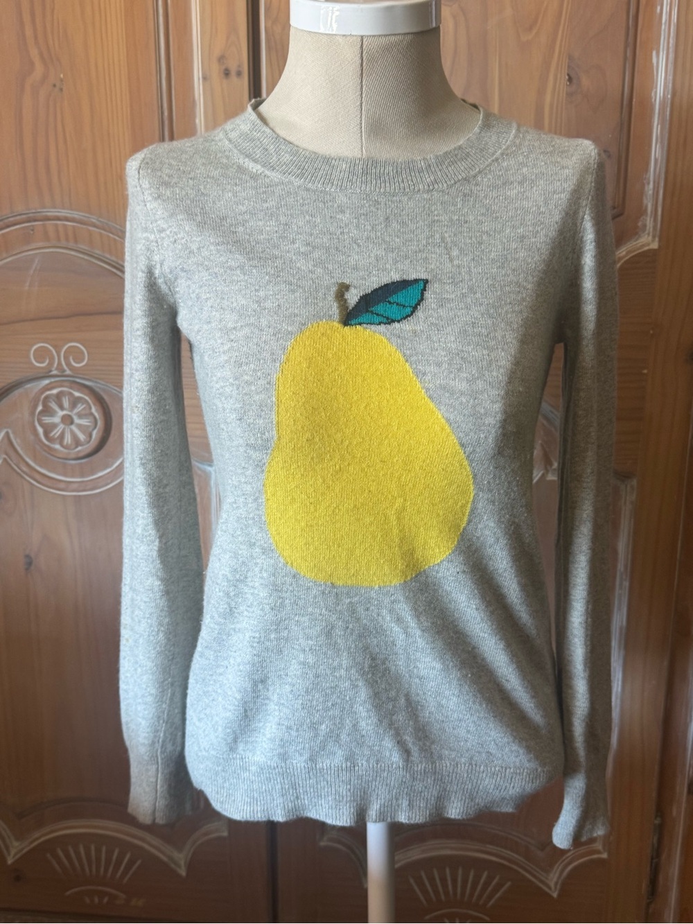 J. Crew Light Gray Crewneck Sweater with Yellow Pear Motif